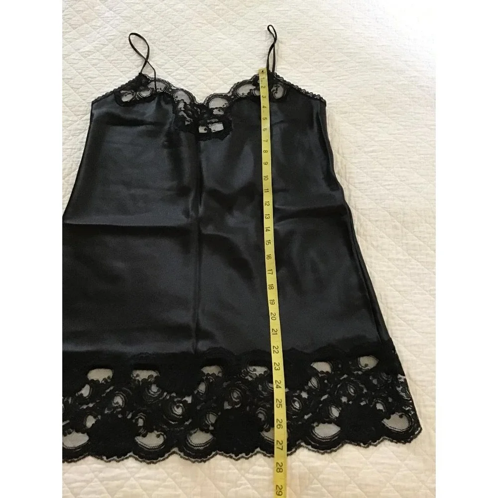 VTG 80's Black Satin Lace Trim Sz L Nightgown Lingerie + Ashley Taylor Half Slip